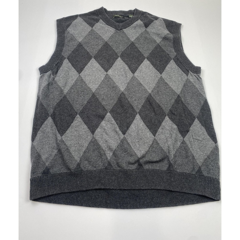 Ashworth Sweater Vest Mens XL Gray Argyle V Neck Golf Pullover Cotton Knit